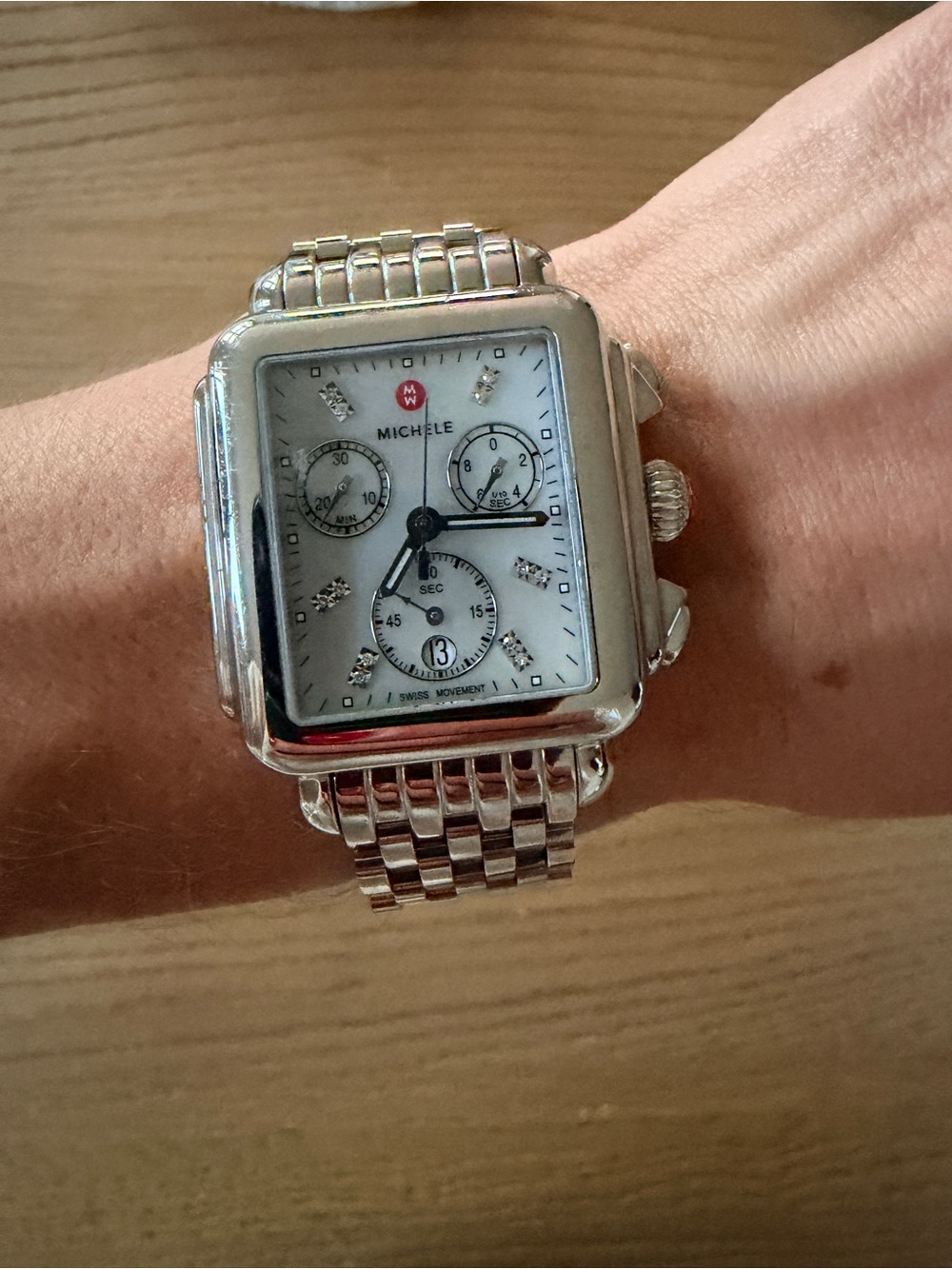 MICHELE Deco Diamond Chronograph Watch Stainless Steel Mother of Pearl